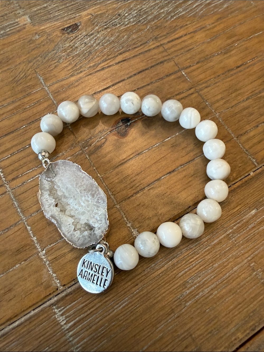 Kinsley Armelle White Druzy & Beaded Bracelet with Logo Charm